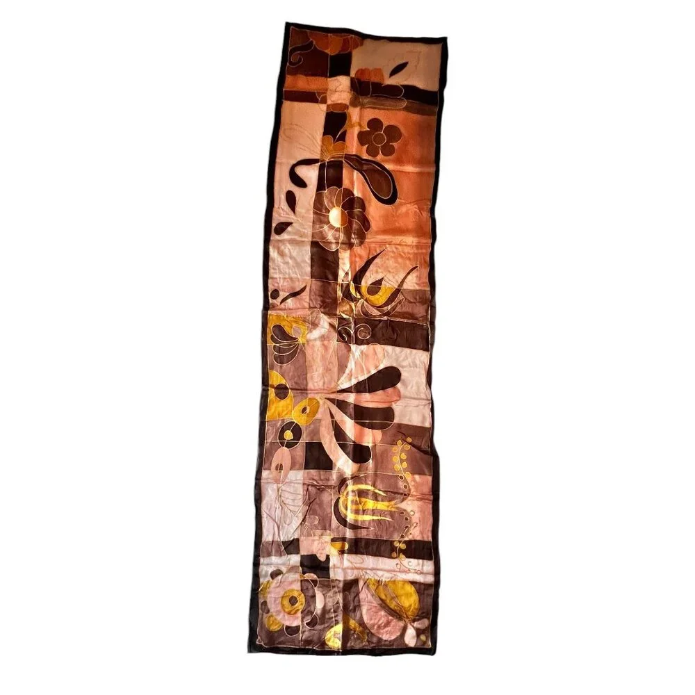 Hand-Painted Silk Scarf Abstract Floral Brown Gold Peach Black 57x16 Rolled Hem